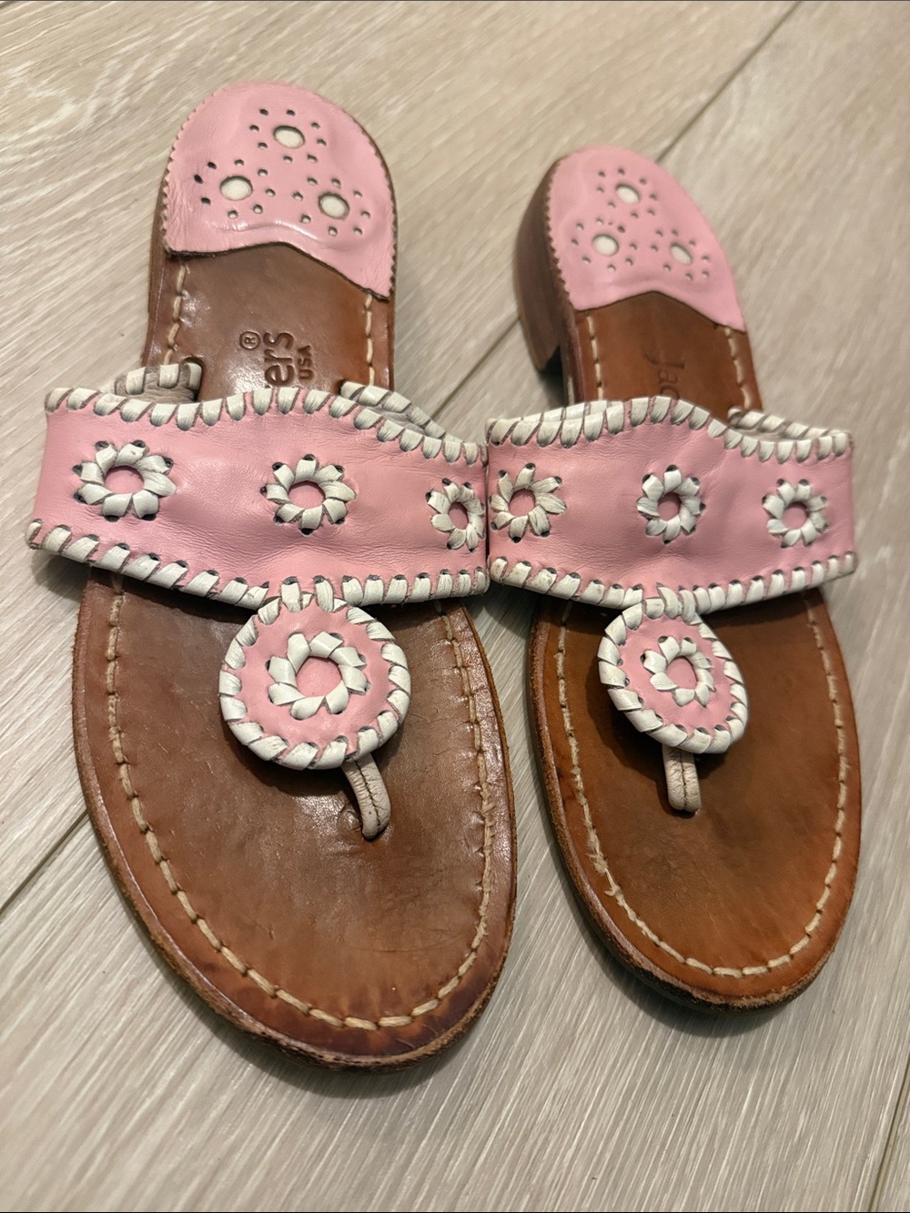 Jack Rogers Pink Leather Whipstitch Toe-Post Sandals